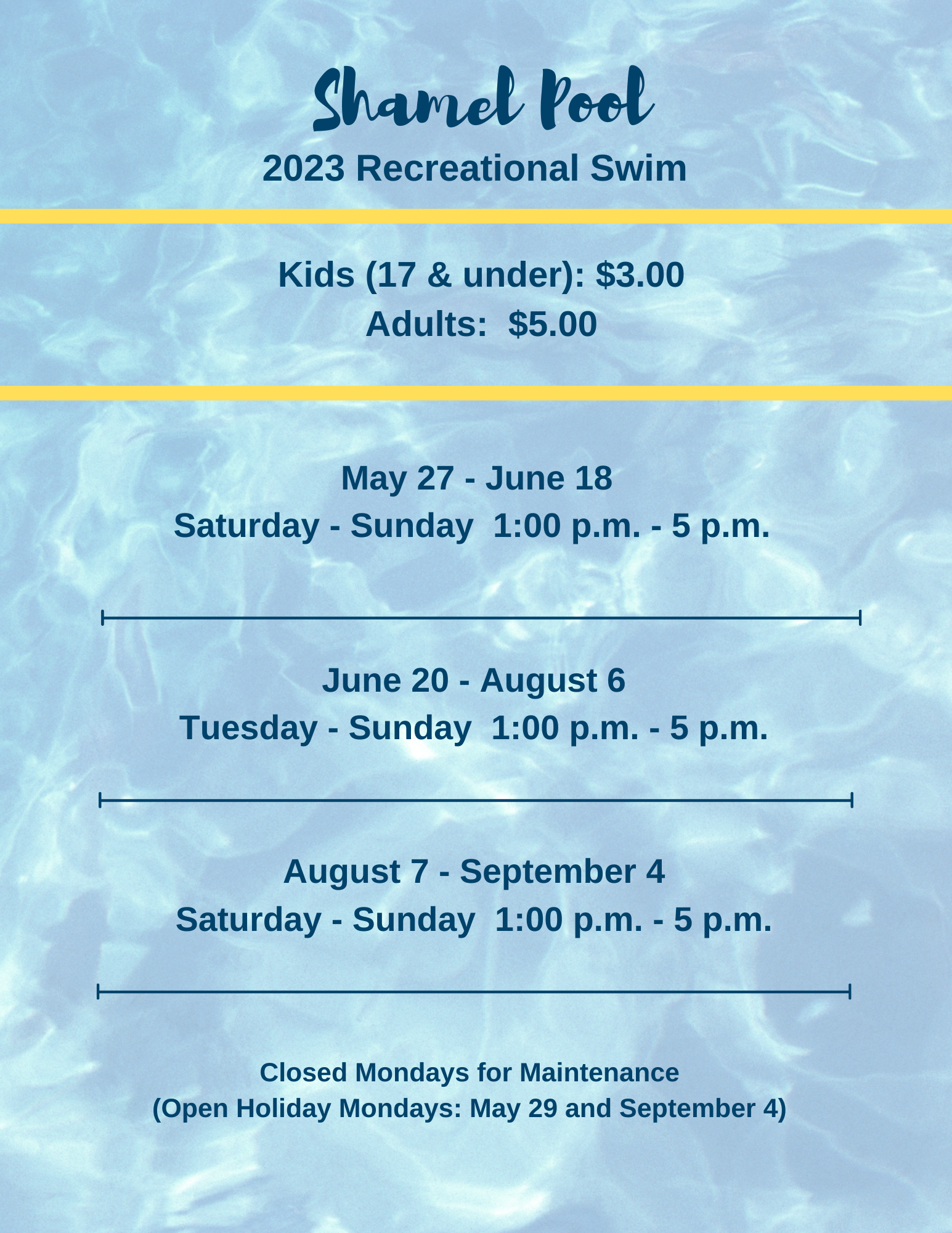 2022 Shamel Pool Schedule
